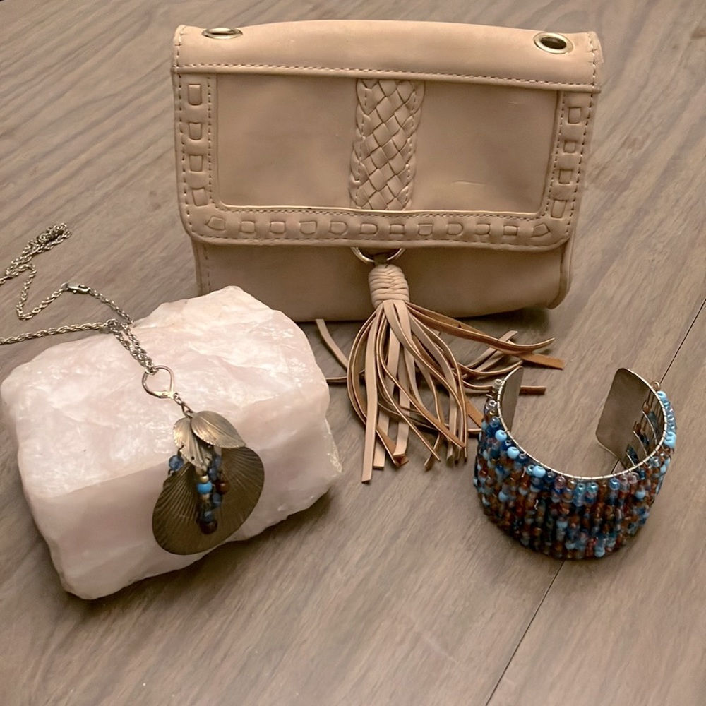 Boho accessories. Clutch. Cuff and Necklace.